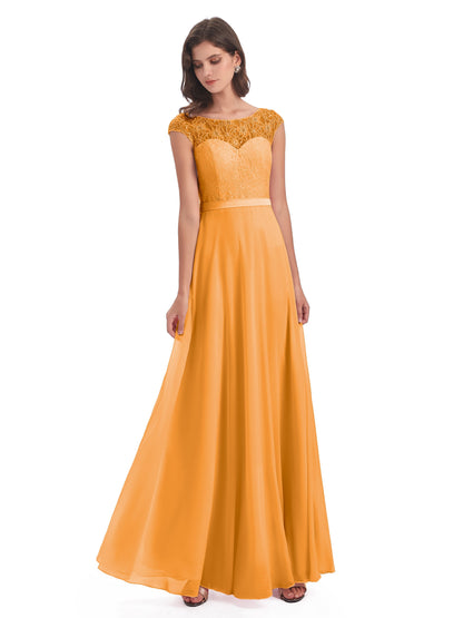 Treasure Cap Sleeves Lace Long Bridesmaid Dresses
