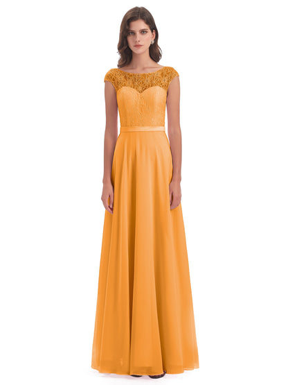 Treasure Cap Sleeves Lace Long Bridesmaid Dresses