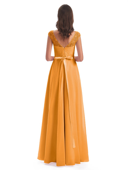 Treasure Cap Sleeves Lace Long Bridesmaid Dresses