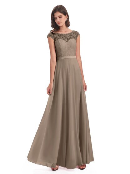 Treasure Cap Sleeves Lace Long Bridesmaid Dresses