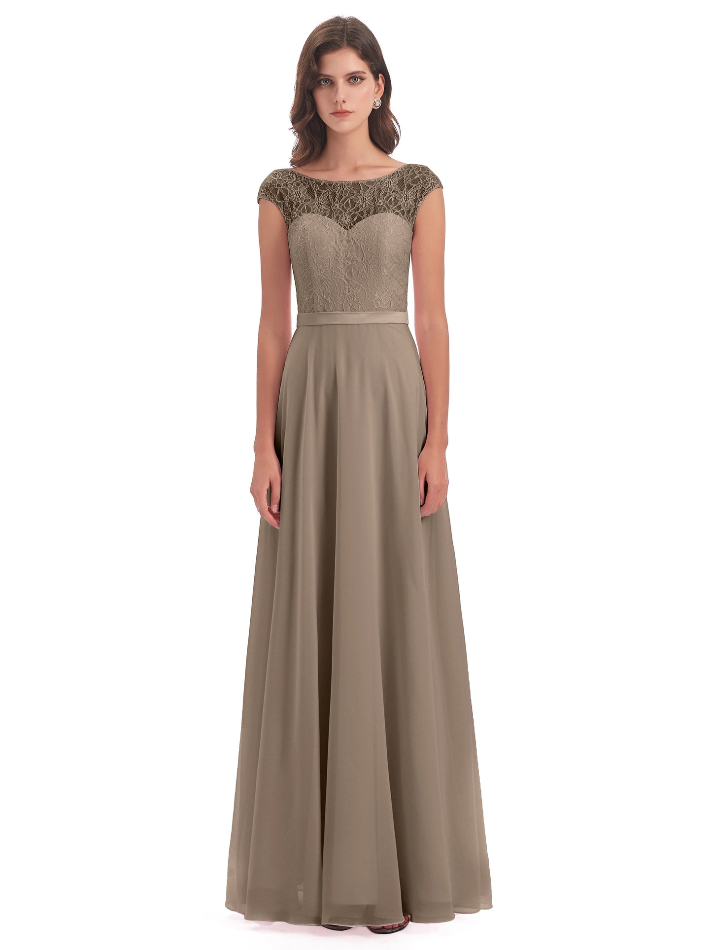 Treasure Cap Sleeves Lace Long Bridesmaid Dresses