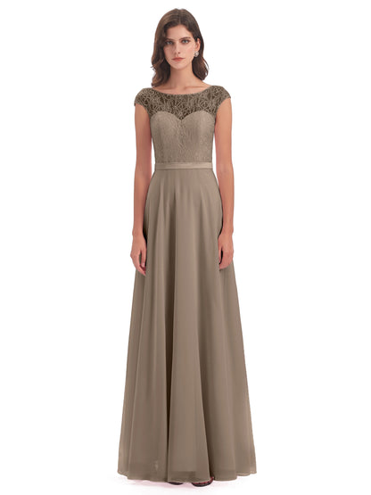Treasure Cap Sleeves Lace Long Bridesmaid Dresses