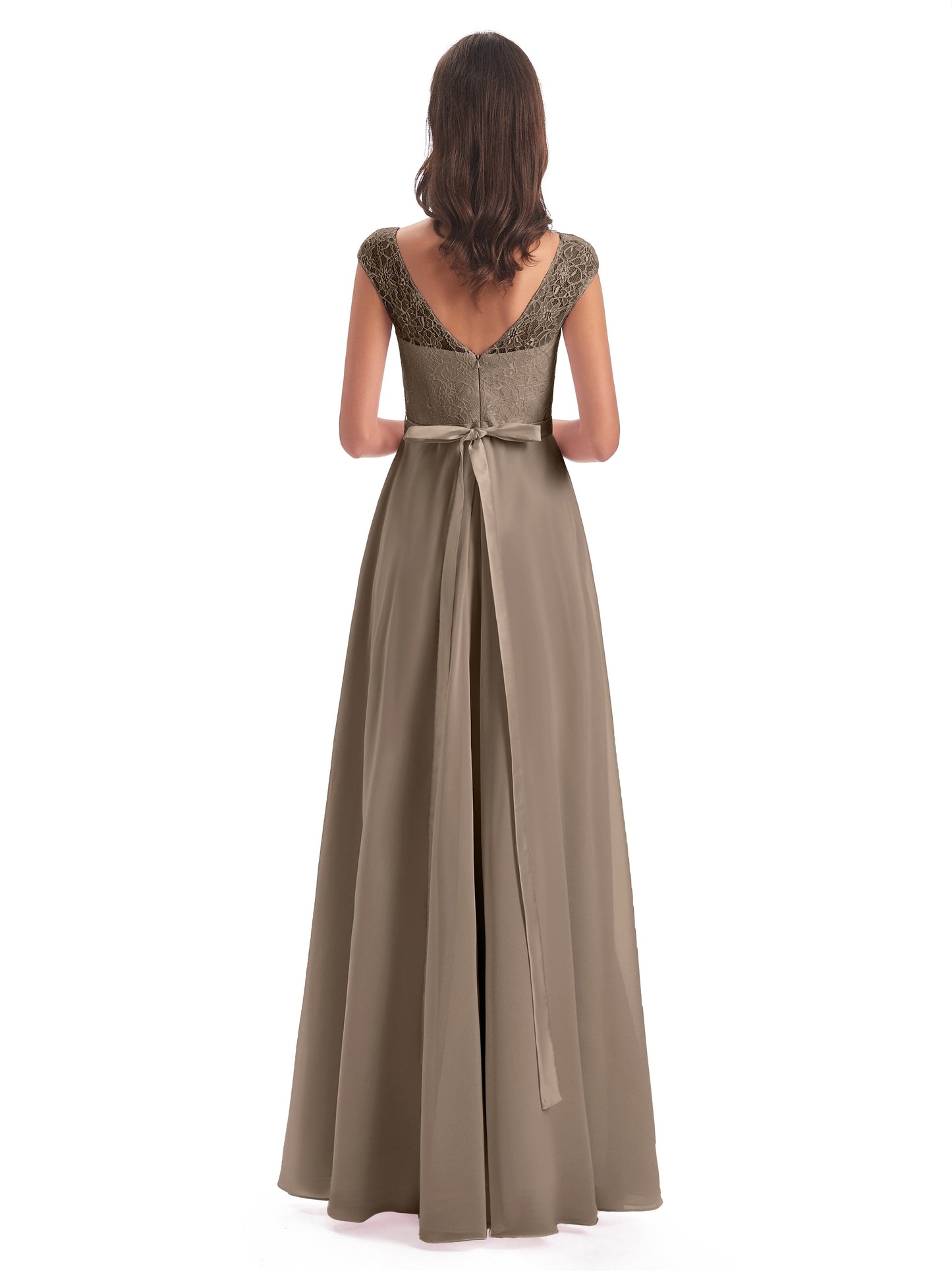 Treasure Cap Sleeves Lace Long Bridesmaid Dresses