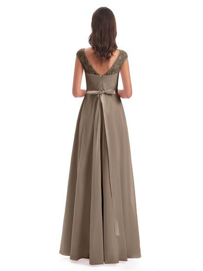 Treasure Cap Sleeves Lace Long Bridesmaid Dresses