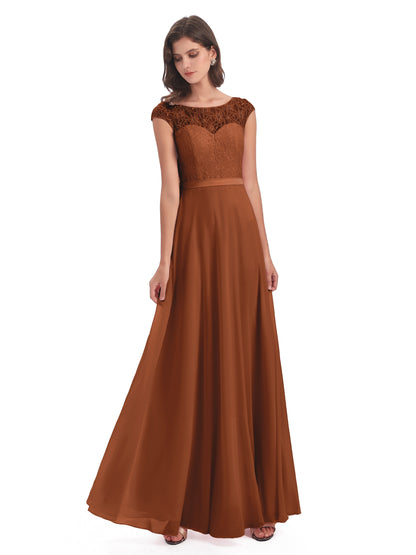 Treasure Cap Sleeves Lace Long Bridesmaid Dresses