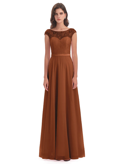Treasure Cap Sleeves Lace Long Bridesmaid Dresses