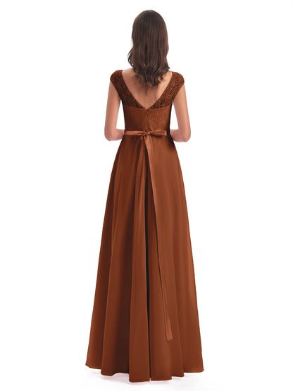 Treasure Cap Sleeves Lace Long Bridesmaid Dresses