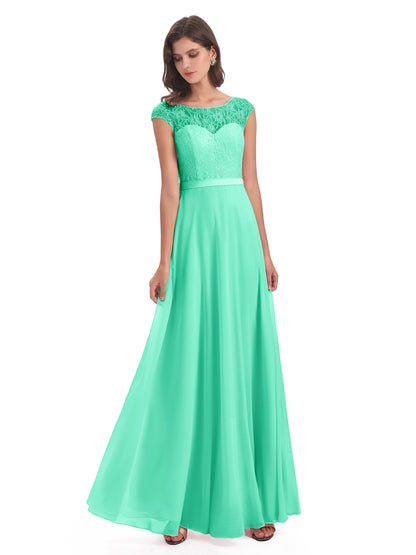 Treasure Cap Sleeves Lace Long Bridesmaid Dresses