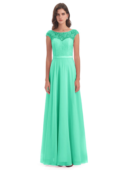 Treasure Cap Sleeves Lace Long Bridesmaid Dresses