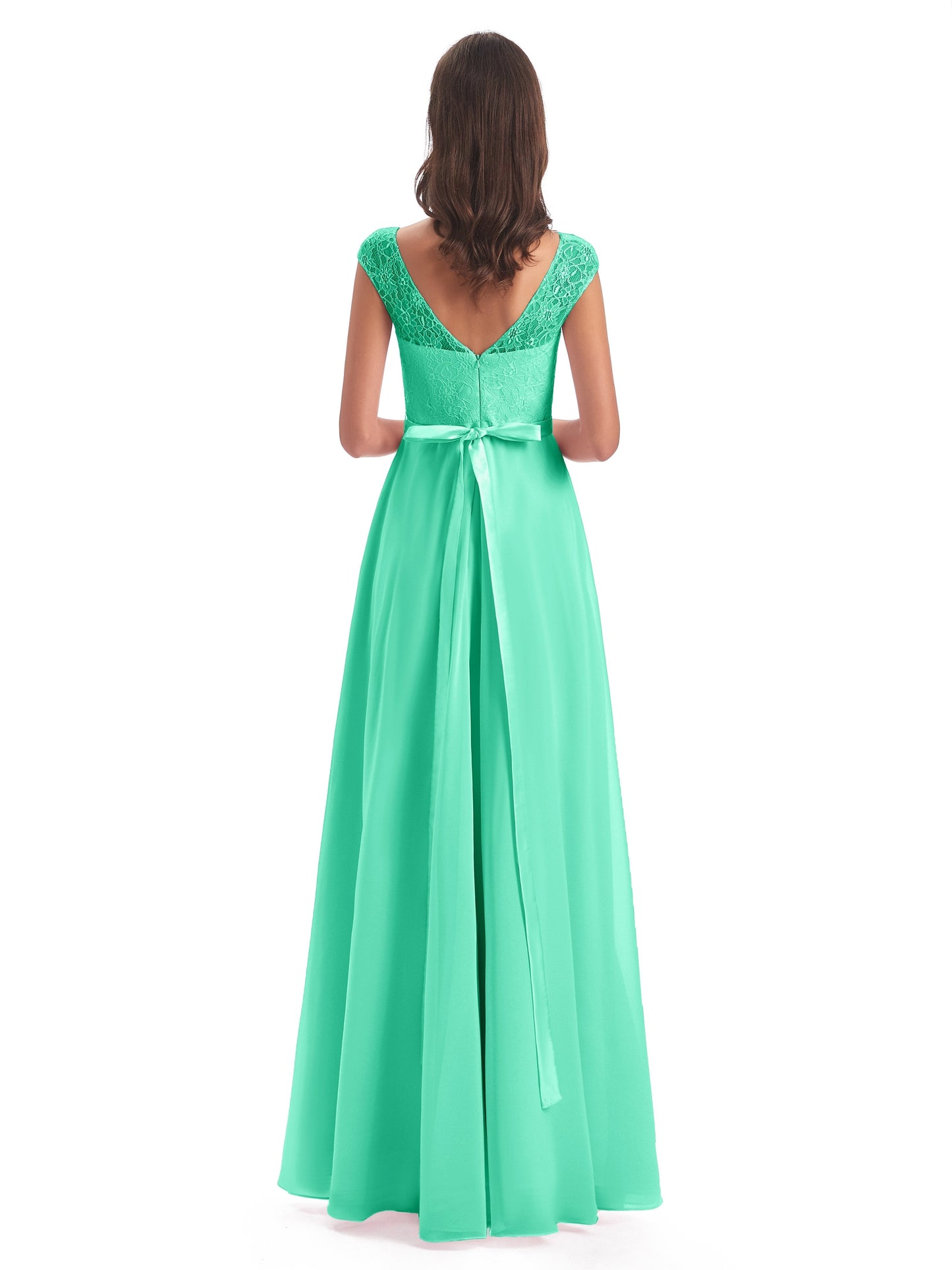 Treasure Cap Sleeves Lace Long Bridesmaid Dresses