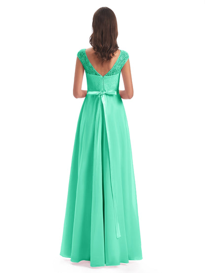 Treasure Cap Sleeves Lace Long Bridesmaid Dresses