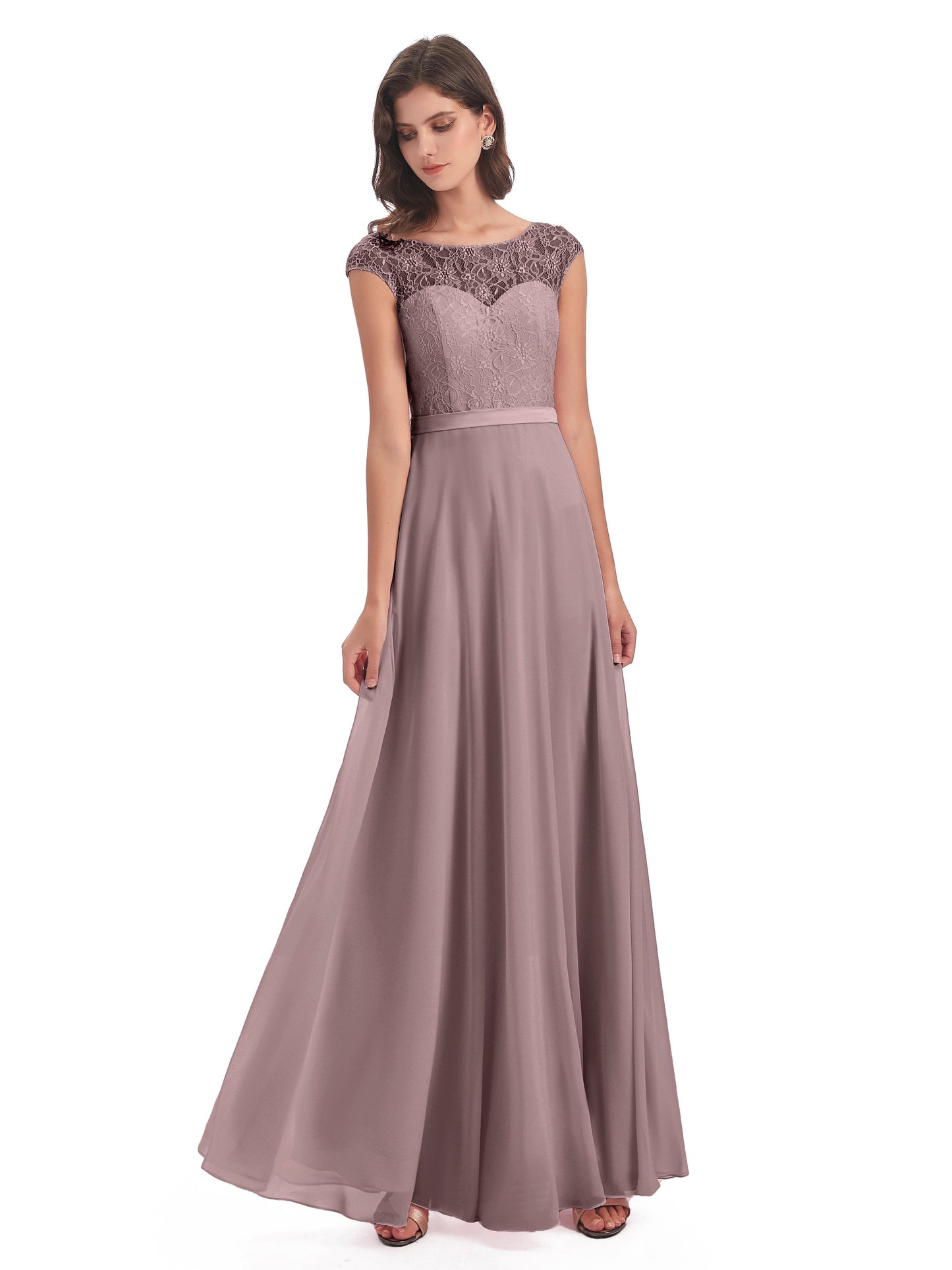 Treasure Cap Sleeves Lace Long Bridesmaid Dresses