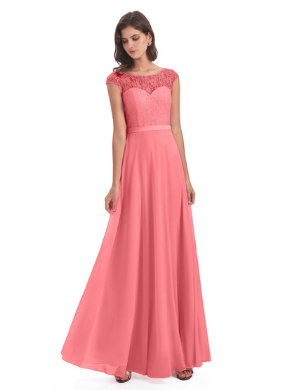 Treasure Cap Sleeves Lace Long Bridesmaid Dresses