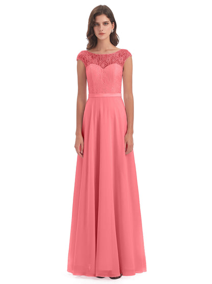 Treasure Cap Sleeves Lace Long Bridesmaid Dresses