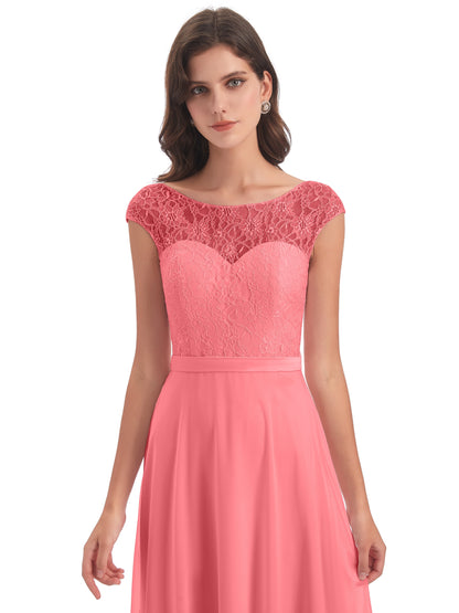 Treasure Cap Sleeves Lace Long Bridesmaid Dresses