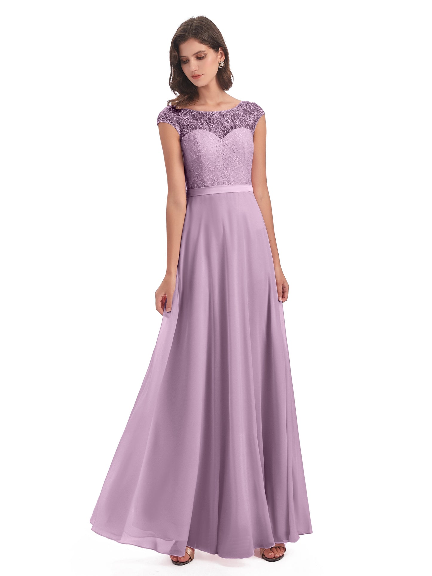 Treasure Cap Sleeves Lace Long Bridesmaid Dresses
