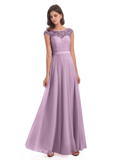 Treasure Cap Sleeves Lace Long Bridesmaid Dresses