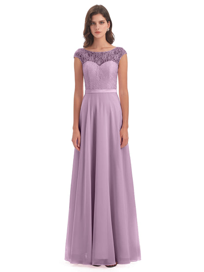 Treasure Cap Sleeves Lace Long Bridesmaid Dresses
