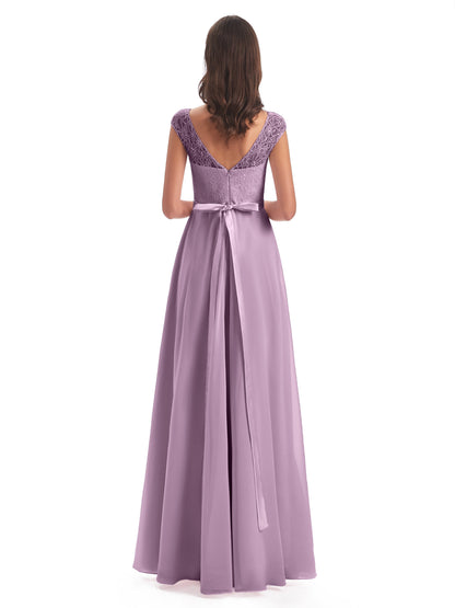 Treasure Cap Sleeves Lace Long Bridesmaid Dresses