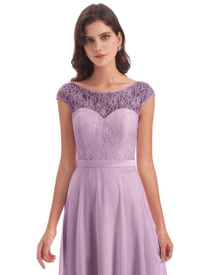 Treasure Cap Sleeves Lace Long Bridesmaid Dresses