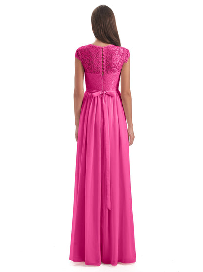 Yamileth A-line Floor Length Cap Sleeves Illusion Neckline Lace/Chiffon Long Bridesmaid Dresses