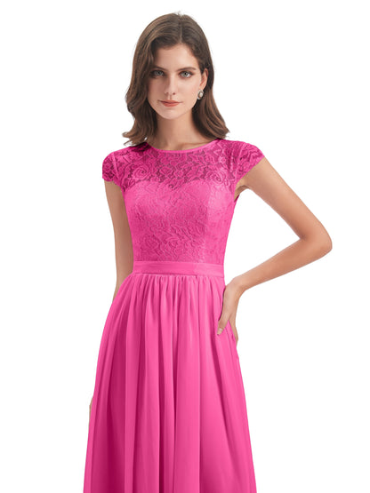 Yamileth A-line Floor Length Cap Sleeves Illusion Neckline Lace/Chiffon Long Bridesmaid Dresses