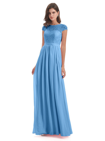 Yamileth A-line Floor Length Cap Sleeves Illusion Neckline Lace/Chiffon Long Bridesmaid Dresses