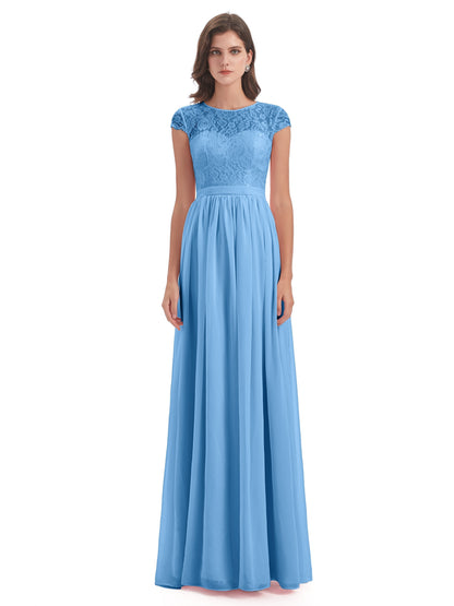 Yamileth A-line Floor Length Cap Sleeves Illusion Neckline Lace/Chiffon Long Bridesmaid Dresses