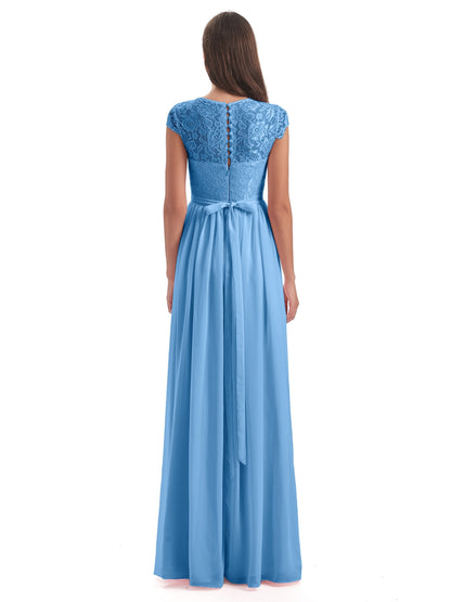 Yamileth A-line Floor Length Cap Sleeves Illusion Neckline Lace/Chiffon Long Bridesmaid Dresses