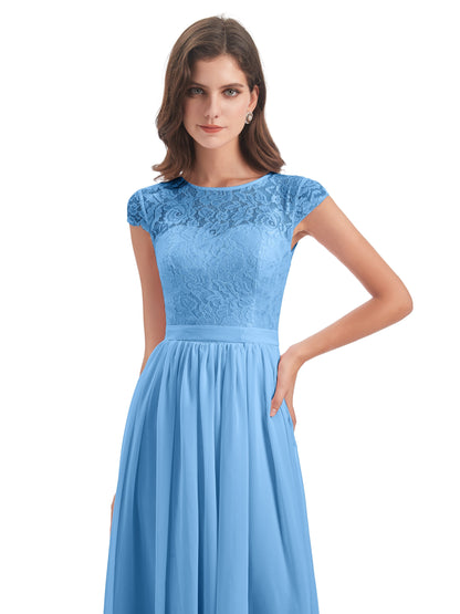 Yamileth A-line Floor Length Cap Sleeves Illusion Neckline Lace/Chiffon Long Bridesmaid Dresses