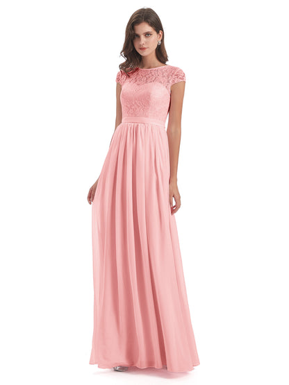 Yamileth A-line Floor Length Cap Sleeves Illusion Neckline Lace/Chiffon Long Bridesmaid Dresses