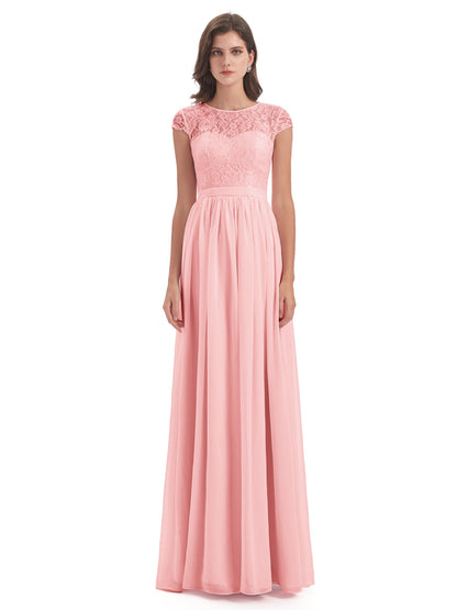 Yamileth A-line Floor Length Cap Sleeves Illusion Neckline Lace/Chiffon Long Bridesmaid Dresses