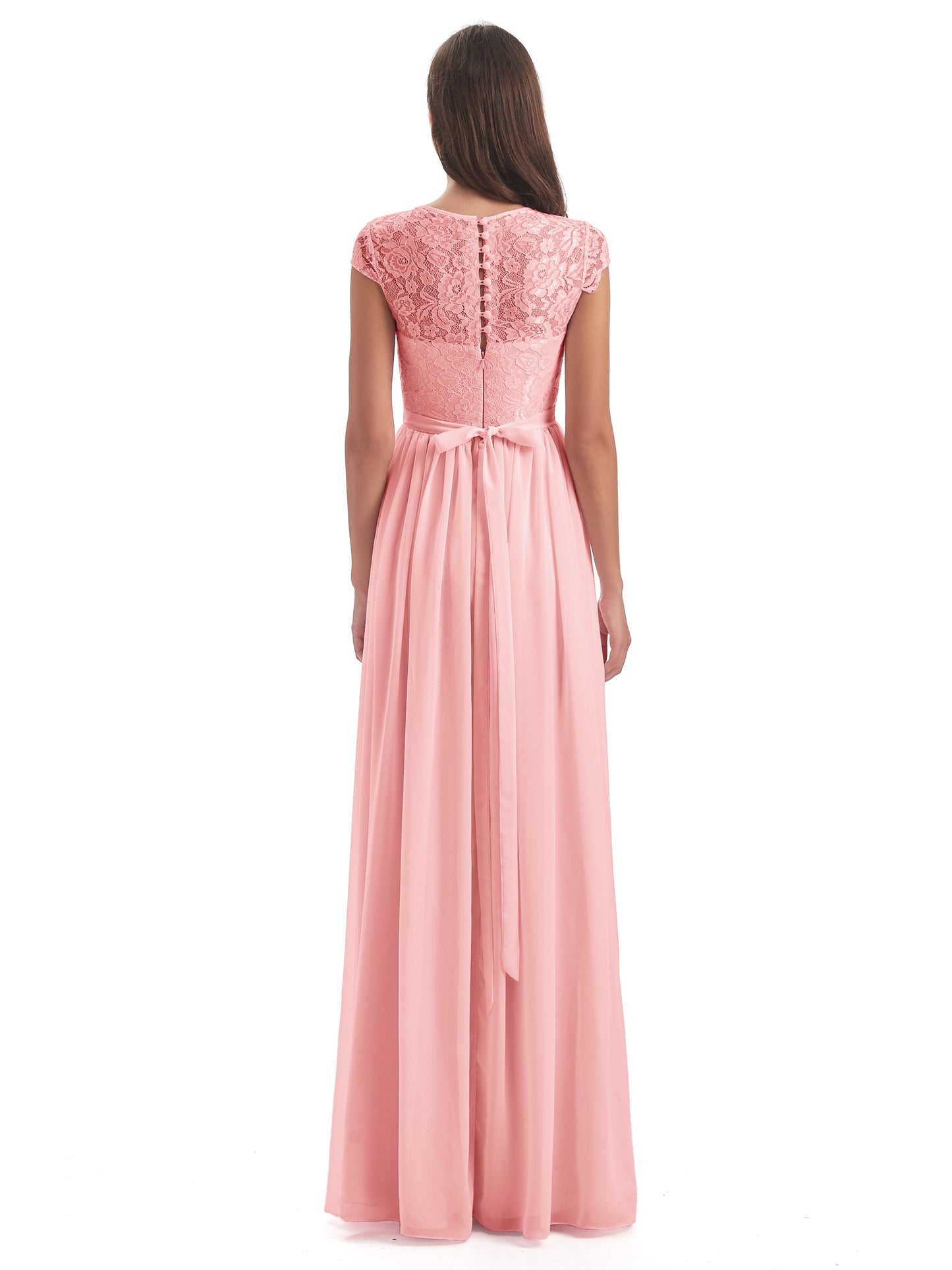 Yamileth A-line Floor Length Cap Sleeves Illusion Neckline Lace/Chiffon Long Bridesmaid Dresses