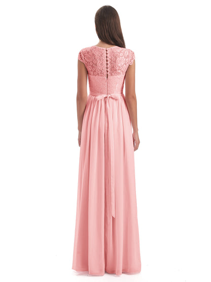 Yamileth A-line Floor Length Cap Sleeves Illusion Neckline Lace/Chiffon Long Bridesmaid Dresses