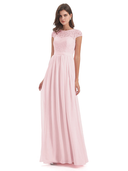 Yamileth A-line Floor Length Cap Sleeves Illusion Neckline Lace/Chiffon Long Bridesmaid Dresses