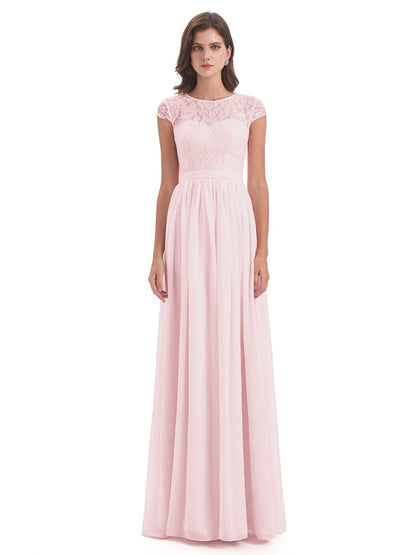 Yamileth A-line Floor Length Cap Sleeves Illusion Neckline Lace/Chiffon Long Bridesmaid Dresses