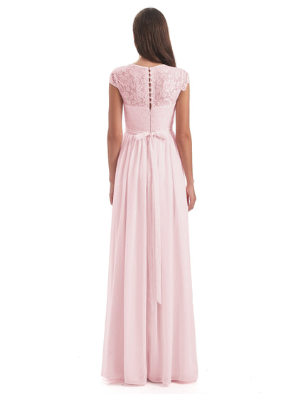 Yamileth A-line Floor Length Cap Sleeves Illusion Neckline Lace/Chiffon Long Bridesmaid Dresses