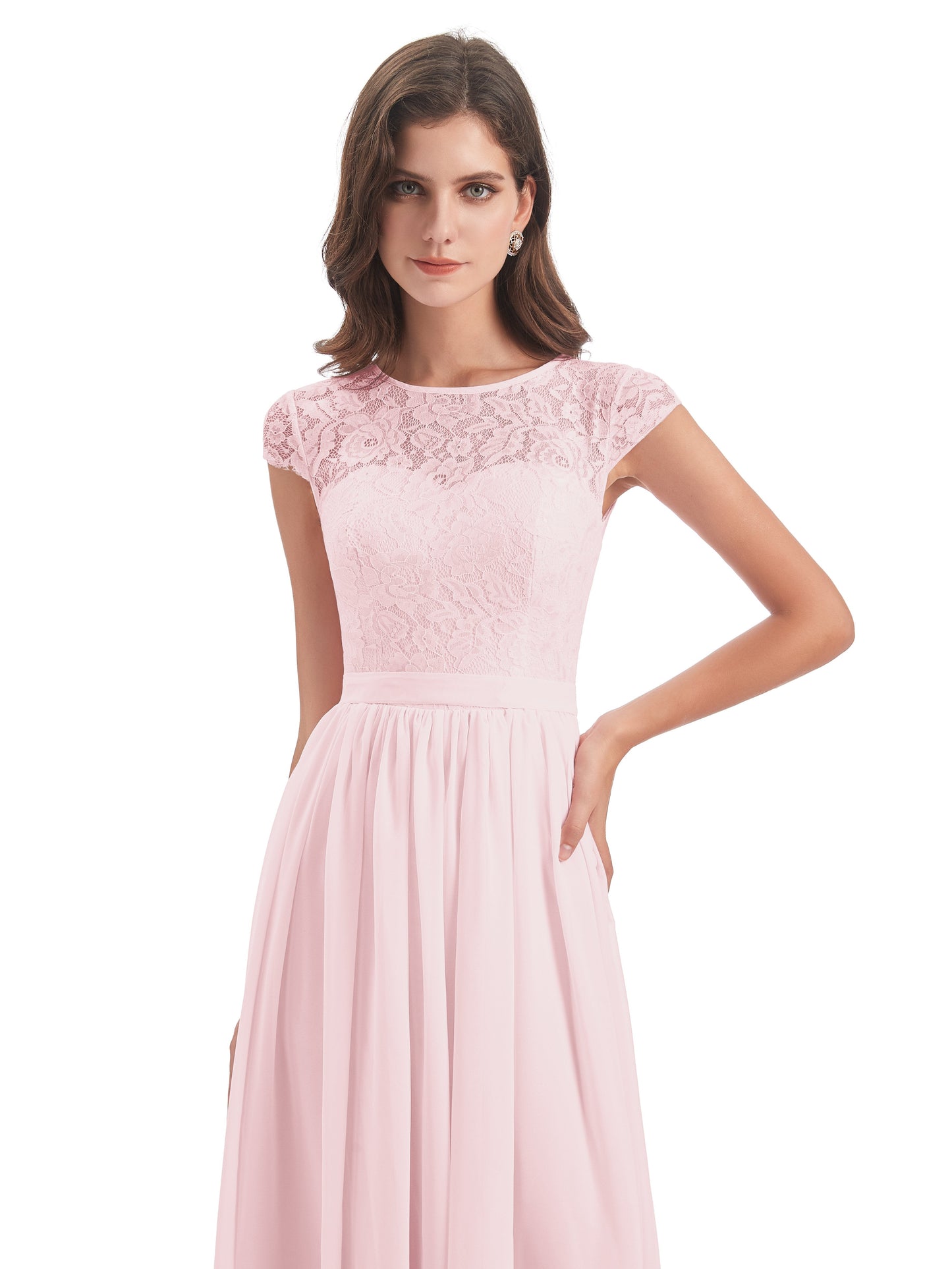 Yamileth A-line Floor Length Cap Sleeves Illusion Neckline Lace/Chiffon Long Bridesmaid Dresses