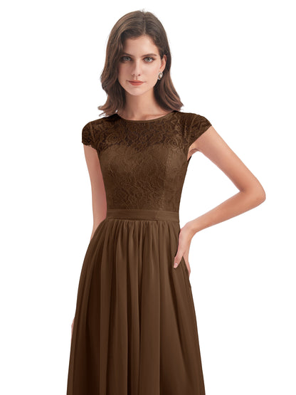 Yamileth A-line Floor Length Cap Sleeves Illusion Neckline Lace/Chiffon Long Bridesmaid Dresses