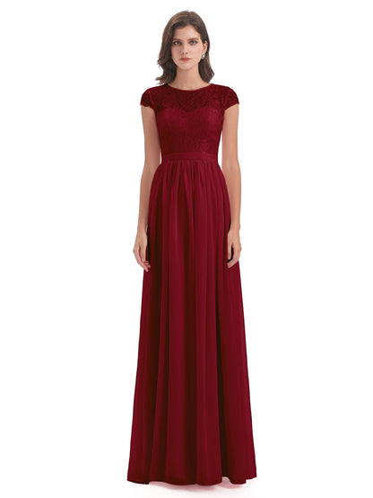 Yamileth A-line Floor Length Cap Sleeves Illusion Neckline Lace/Chiffon Long Bridesmaid Dresses