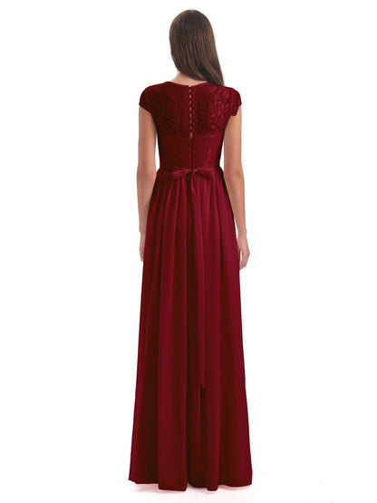 Yamileth A-line Floor Length Cap Sleeves Illusion Neckline Lace/Chiffon Long Bridesmaid Dresses