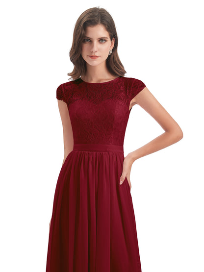 Yamileth A-line Floor Length Cap Sleeves Illusion Neckline Lace/Chiffon Long Bridesmaid Dresses