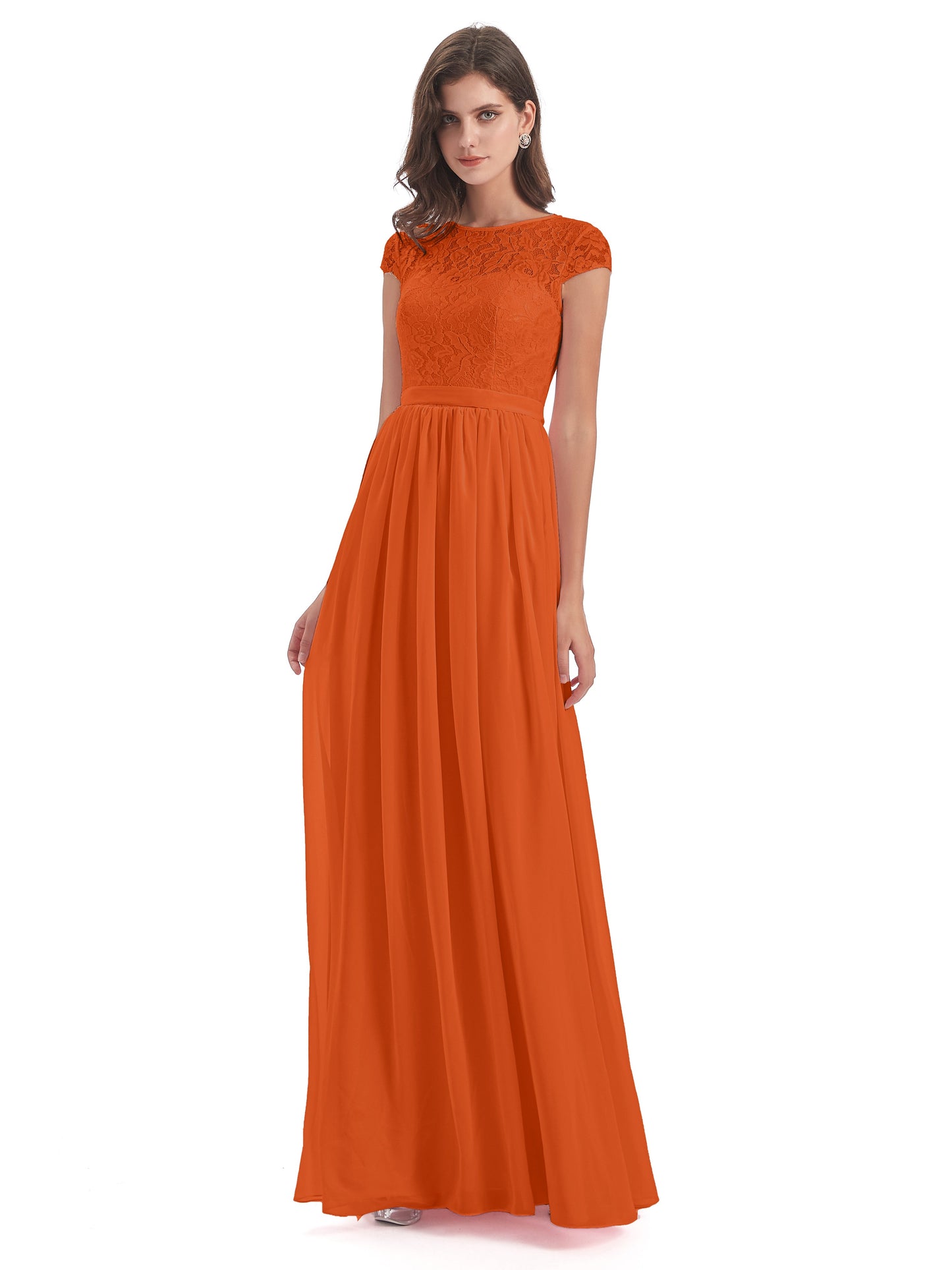 Yamileth A-line Floor Length Cap Sleeves Illusion Neckline Lace/Chiffon Long Bridesmaid Dresses
