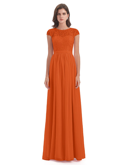 Yamileth A-line Floor Length Cap Sleeves Illusion Neckline Lace/Chiffon Long Bridesmaid Dresses