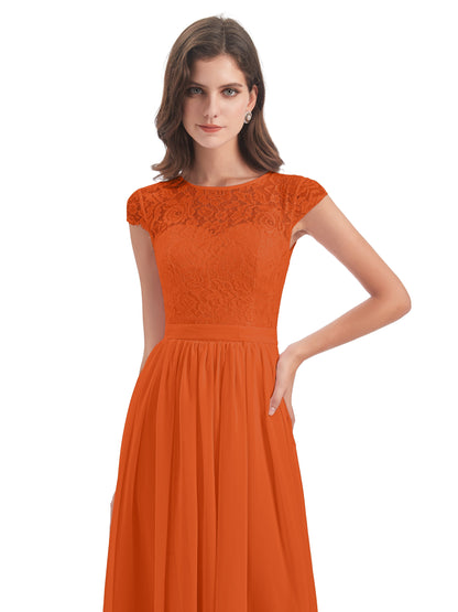 Yamileth A-line Floor Length Cap Sleeves Illusion Neckline Lace/Chiffon Long Bridesmaid Dresses