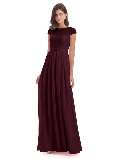 Yamileth A-line Floor Length Cap Sleeves Illusion Neckline Lace/Chiffon Long Bridesmaid Dresses