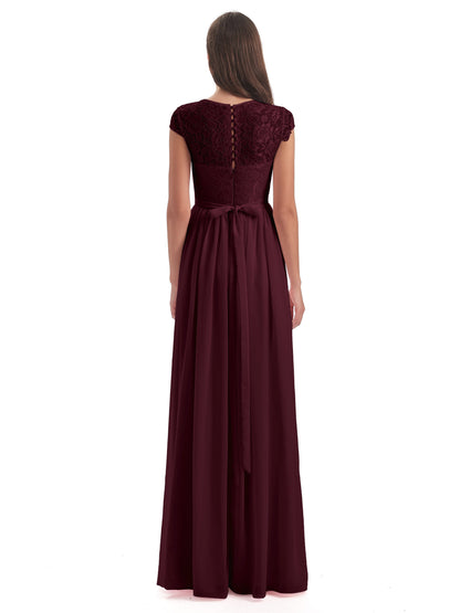 Yamileth A-line Floor Length Cap Sleeves Illusion Neckline Lace/Chiffon Long Bridesmaid Dresses