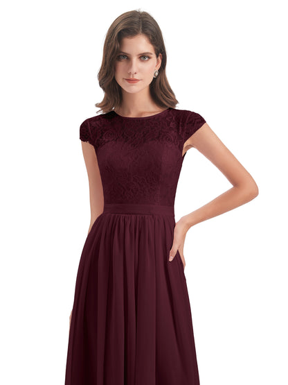 Yamileth A-line Floor Length Cap Sleeves Illusion Neckline Lace/Chiffon Long Bridesmaid Dresses