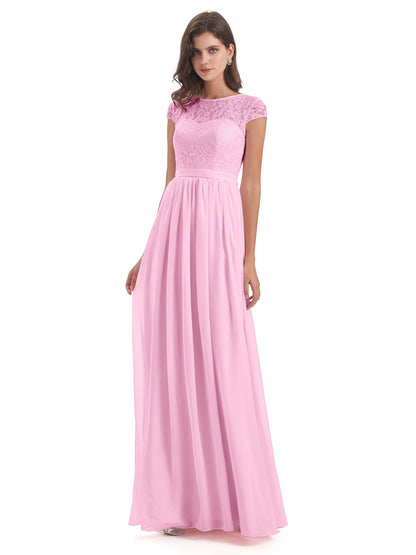 Yamileth A-line Floor Length Cap Sleeves Illusion Neckline Lace/Chiffon Long Bridesmaid Dresses