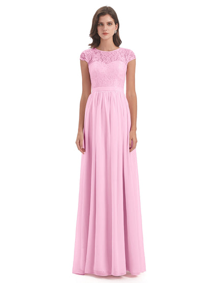 Yamileth A-line Floor Length Cap Sleeves Illusion Neckline Lace/Chiffon Long Bridesmaid Dresses